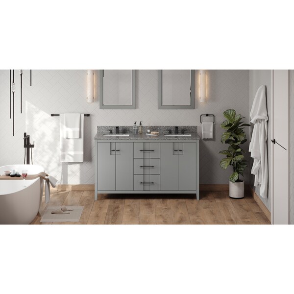 Jeffrey Alexander 60In. Grey Katara Vanity, Dbl Bowl, Boulder Cultured Marble Vanity Top, 2 Undrmnt Rctngl Bowls VKITKAT60GRBOR - main